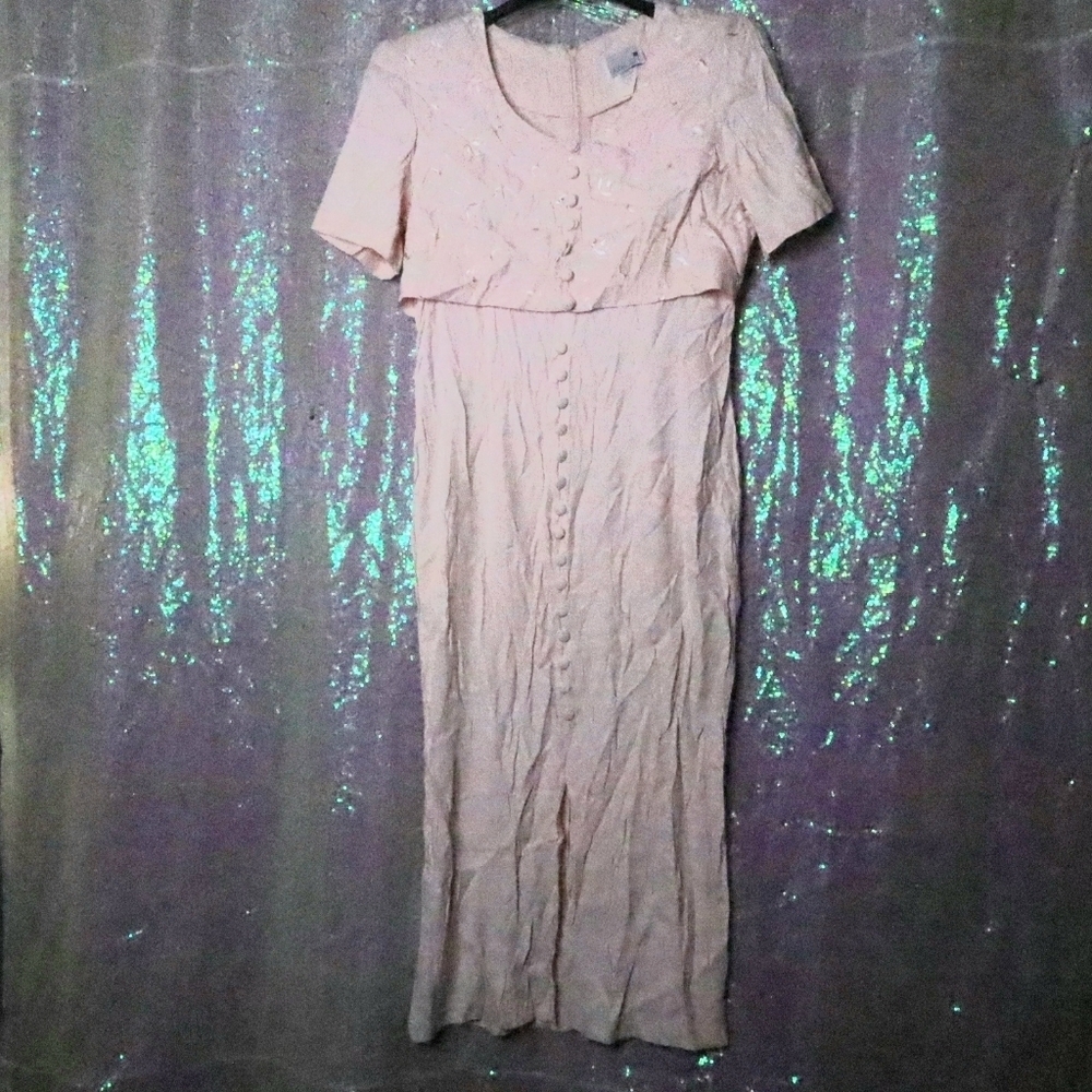 VINTAGE LONG DRESS 13-14 Scarlett Pastel Pink Buttons Grannycore Formal 80s 90s - Picture 5 of 8